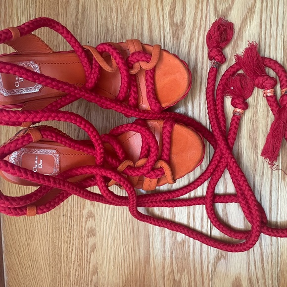 Vintage Dior Tahiti Gladiator Espadrille Sandals Orange Red Pre-Owned 37 1/2 - Picture 11 of 16